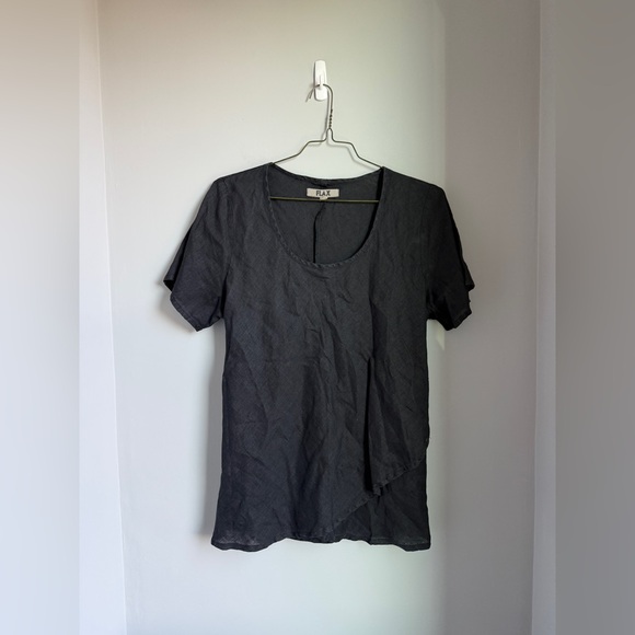 Flax Tops - Flax Tunic Top Large 100% Linen Textured Cross Over Hem Short Sleeve Black